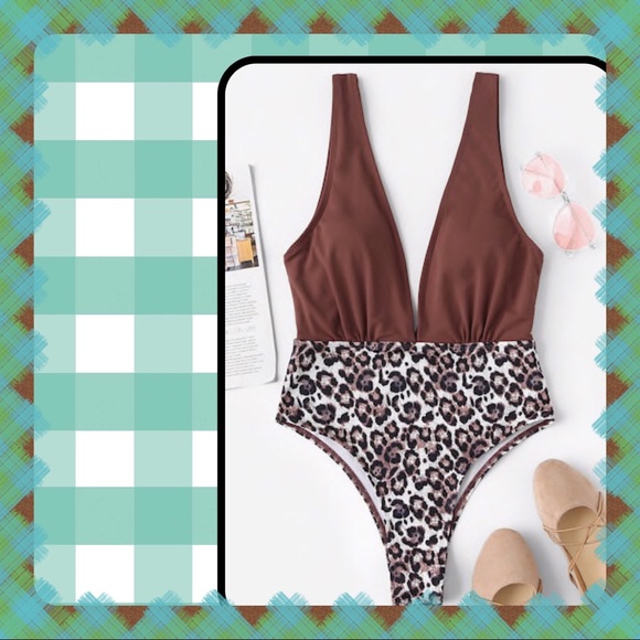 Swimsuit Leopard Print Front & Back Plunge One Piece Size L NWT - Picture 1 of 5